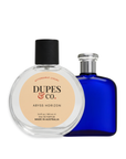 Two perfume bottles, one clear and one blue, with 'Dupes & Co' branding on a white background.