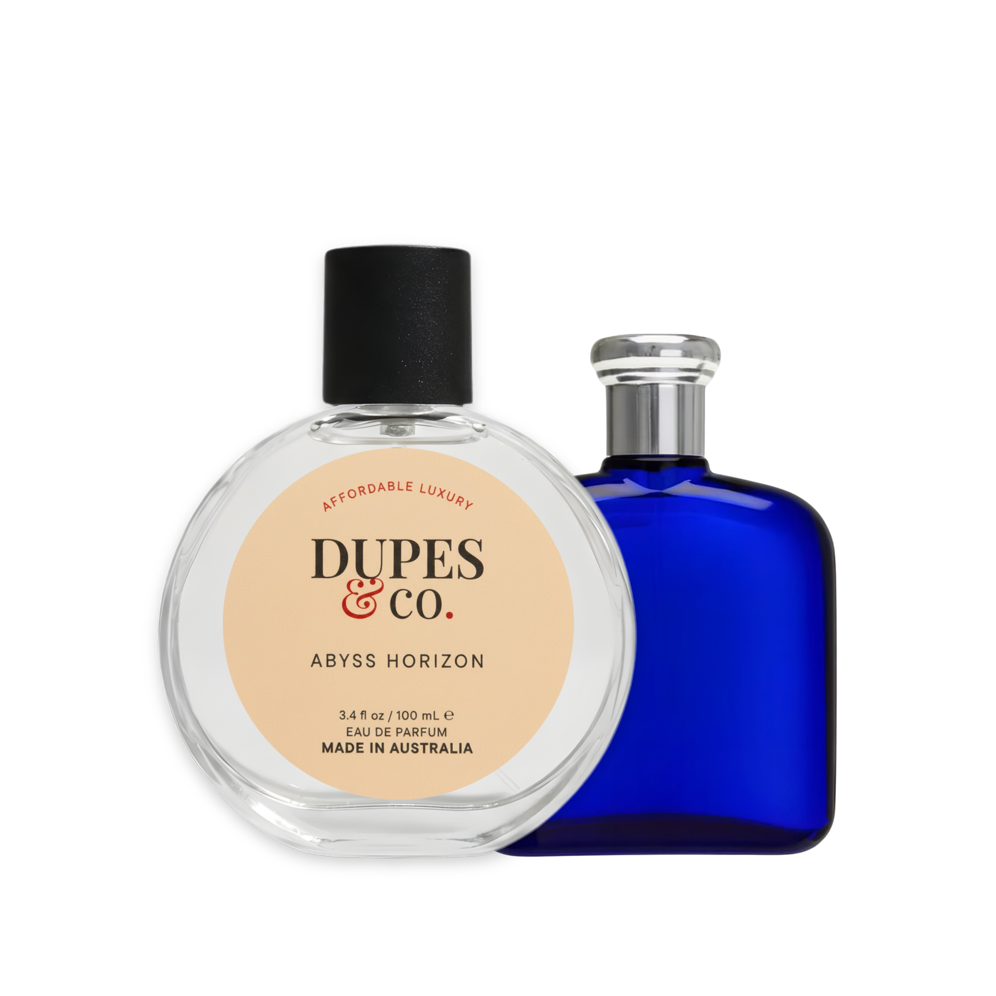 Two perfume bottles, one clear and one blue, with 'Dupes & Co' branding on a white background.