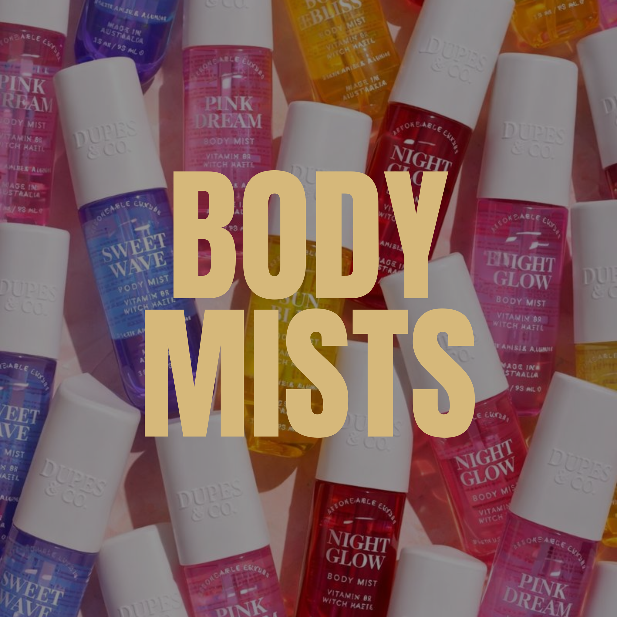 Multiple Dupes & Co body mist bottles arranged on a pink background with large text reading “BODY MISTS ”