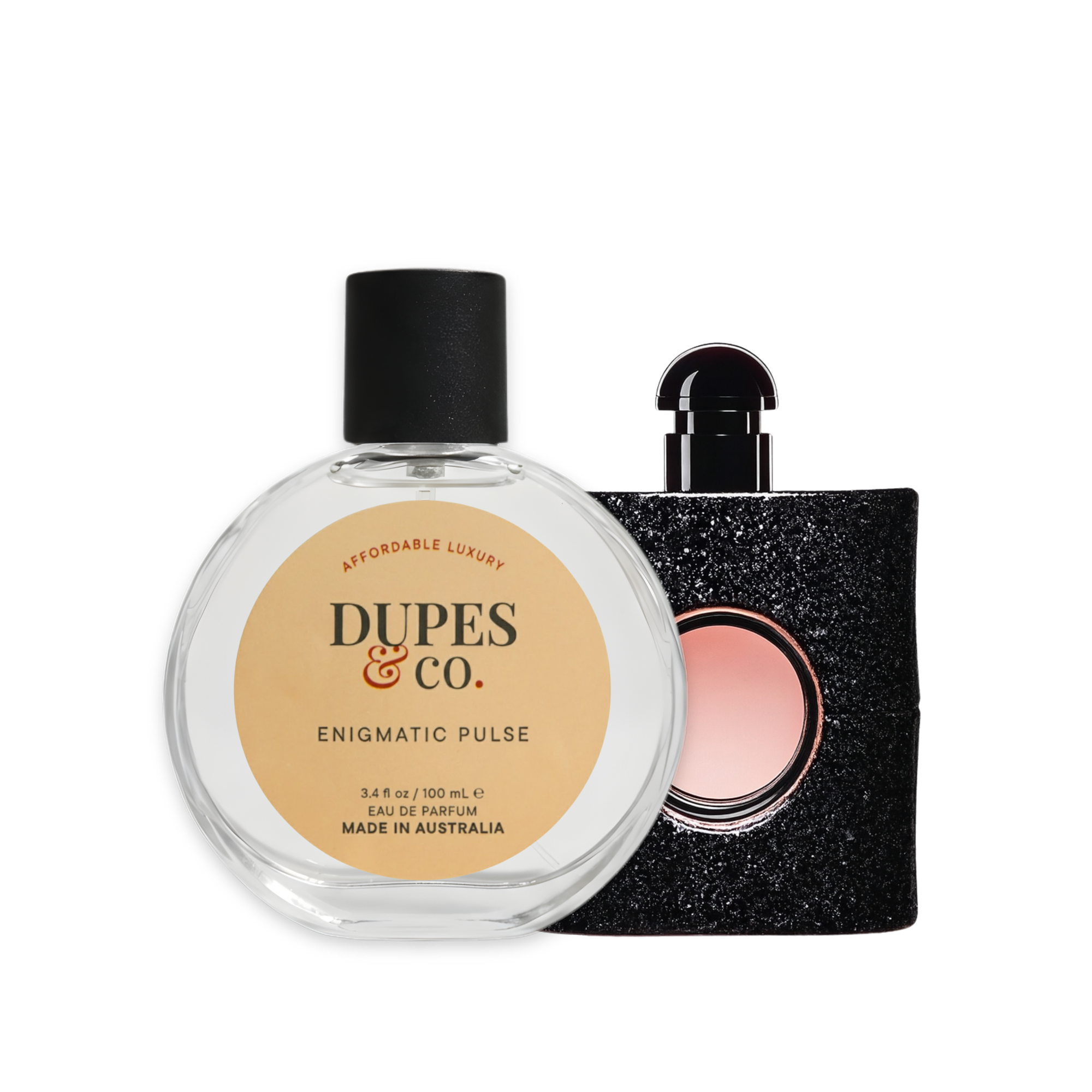 Two perfume bottles, one labeled 'Dupes & Co' and the other black with pink cap, on a white background.