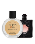 Two perfume bottles, one labeled 'Dupes & Co' and the other black with pink cap, on a white background.